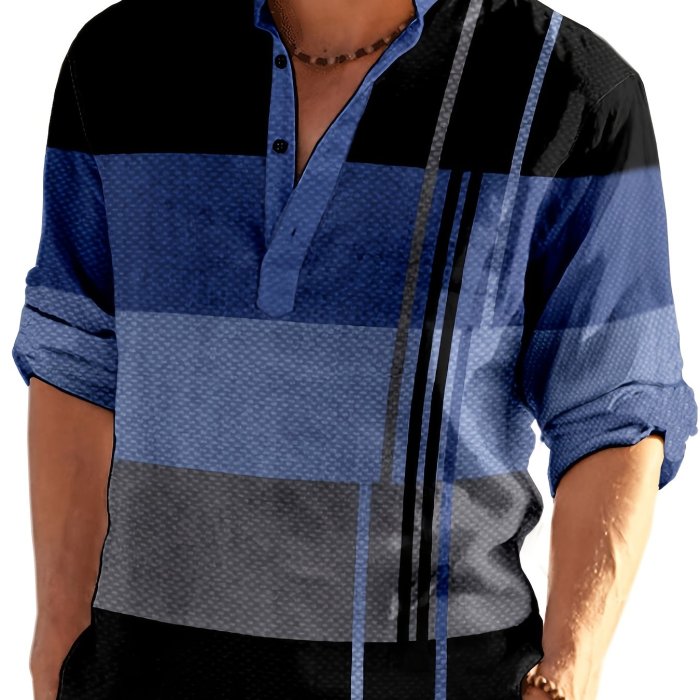 Men's Shirt Top Henley Shirts Color Block Long Sleeve Closure Regular Fit Male Casual Shirt For Daily Vacation