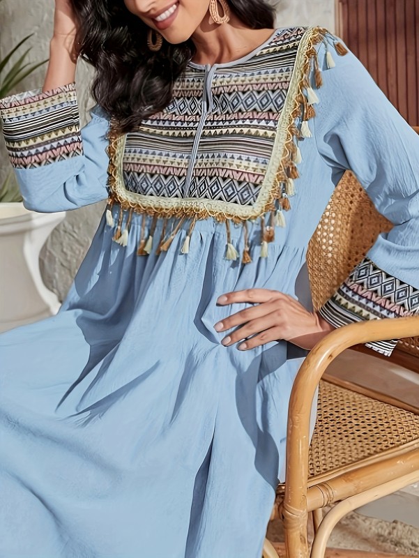 Contrast Trim Elegant Dress, Long Sleeve Dress For Spring & Fall, Women's Clothing