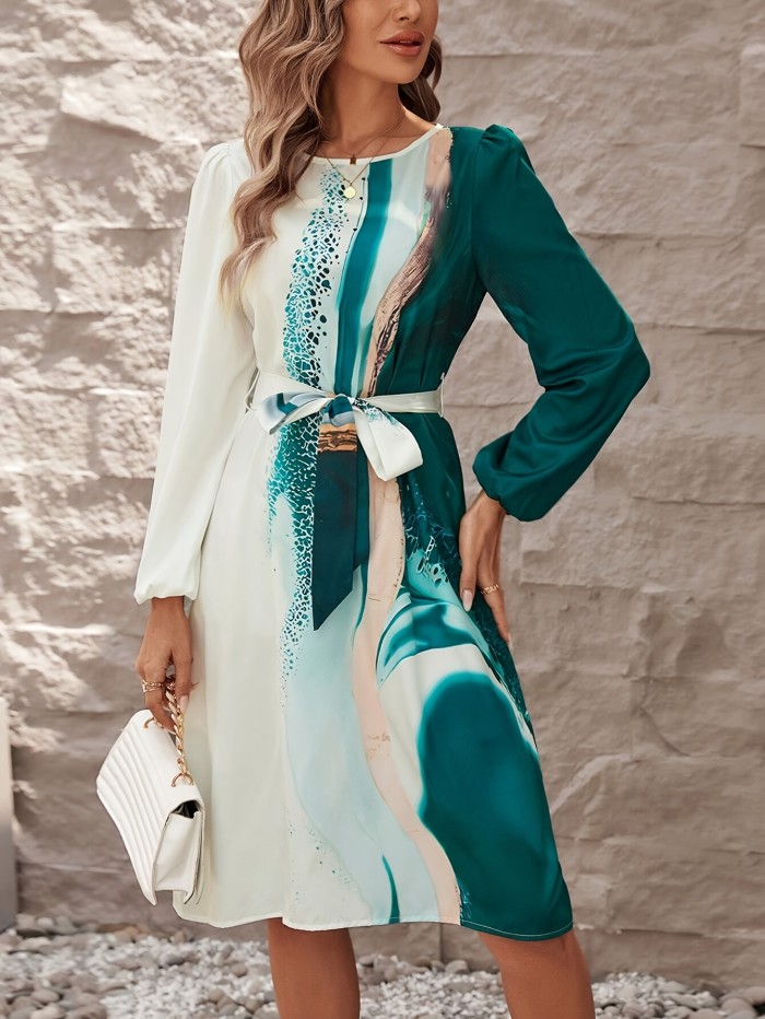 Color Block Belted Dress, Elegant Long Sleeve Dress For Spring & Fall, Women's Clothing