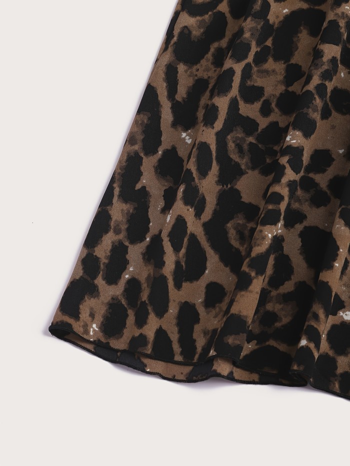 Leopard Print Irregular Neck Dress, Casual Long Sleeve Button Decor Dress For Spring & Fall, Women's Clothing