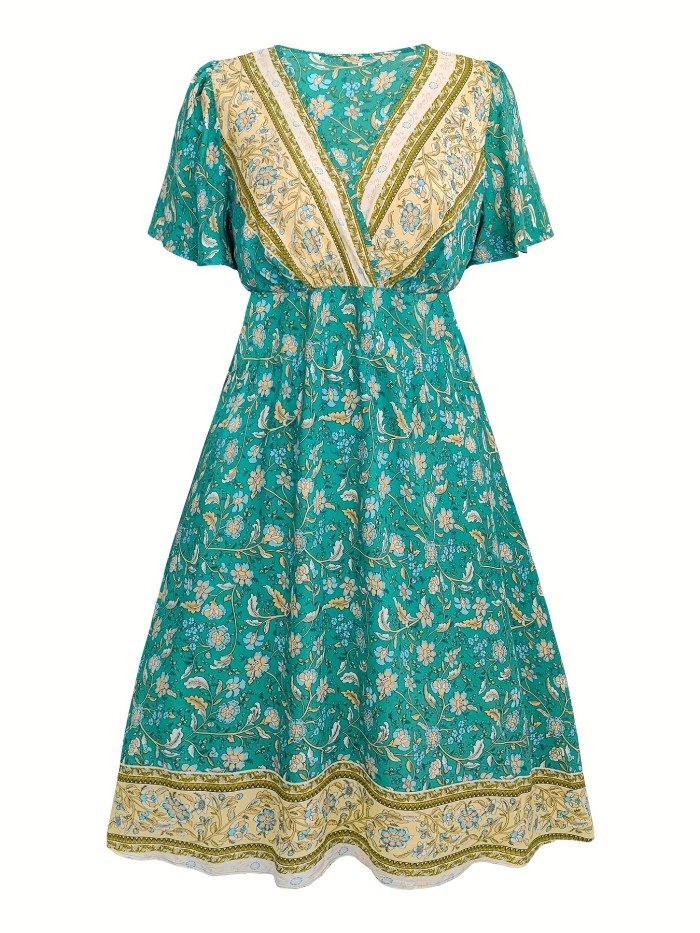 Plus Size Romantic Dress, Women's Plus Ditsy Floral Print Butterfly Sleeve V Neck Flowy Maxi Dress