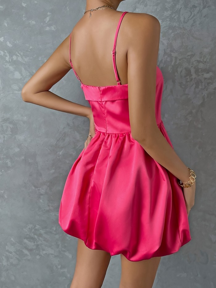 Solid Spaghetti Strap Waist Cami Mini Dress, Sleeveless Square Neck Vacation Dress, Women's Clothing
