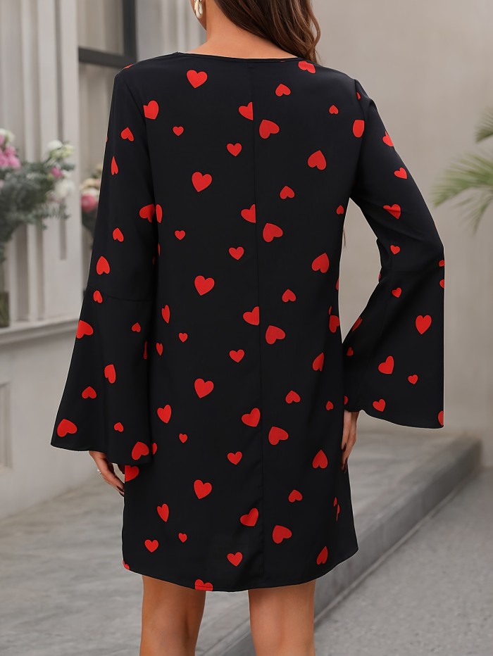 Heart Print Keyhole Dress, Elegant Flare Sleeve Dress For Spring & Fall, Women's Clothing