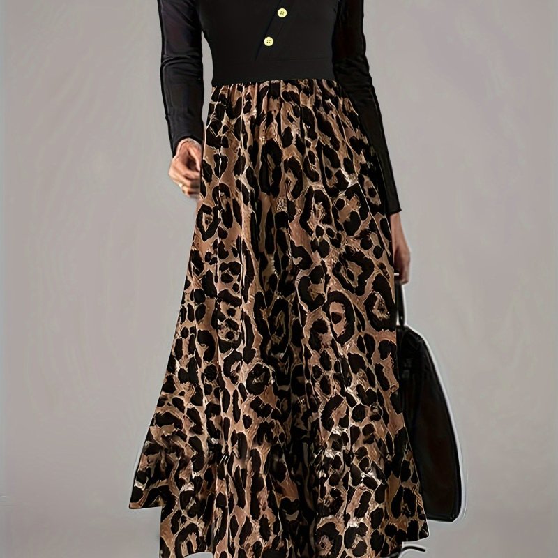 Leopard Print Irregular Neck Dress, Casual Long Sleeve Button Decor Dress For Spring & Fall, Women's Clothing