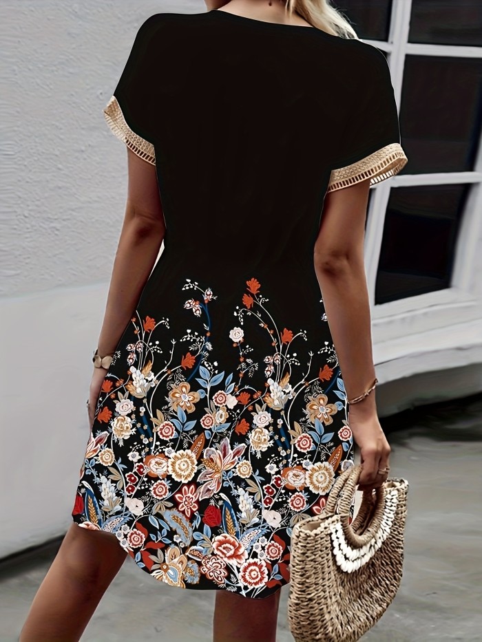 Floral Print V Neck Dress, Elegant Short Sleeve Dress For Spring & Summer, Women's Clothing