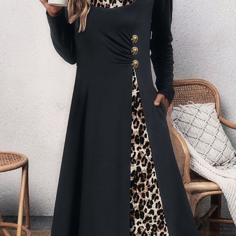 Leopard Print Button Decorate Dress, Elegant Long Sleeve Dress For Spring & Fall, Women's Clothing