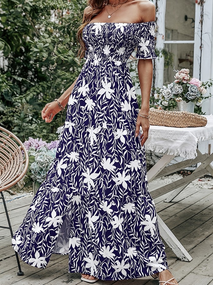 Floral Print Off Shoulder Split Dress, Vacation Short Sleeve Shirred High Waist Maxi Dress, Women's Clothing