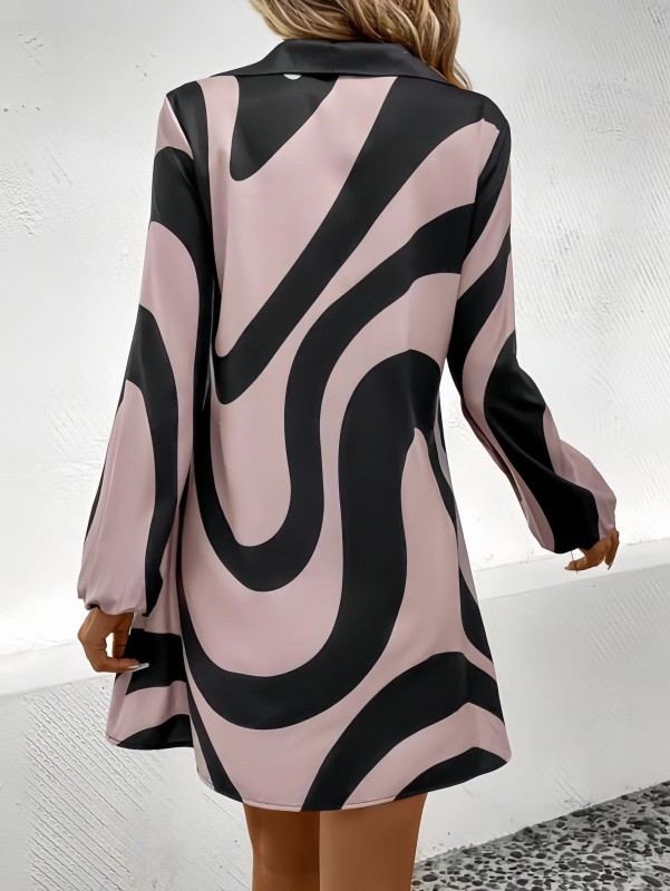 Abstract Print V Neck Dress, Elegant Long Sleeve Dress For Spring & Fall, Women's Clothing