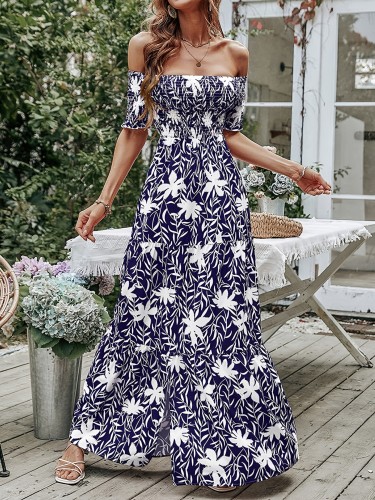 Floral Print Off Shoulder Split Dress, Vacation Short Sleeve Shirred High Waist Maxi Dress, Women's Clothing