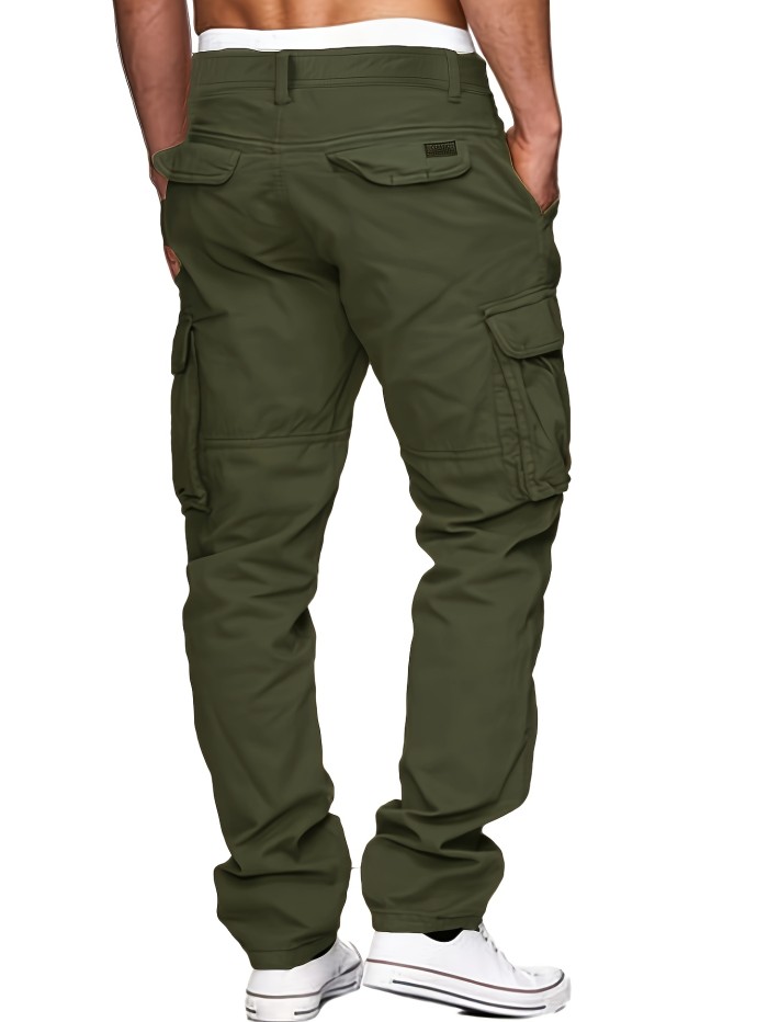 Cotton Solid Multi Flap Pockets Men's Straight Leg Cargo Pants, Loose Casual Outdoor Pants, Men's Work Pants For Hiking Fishing Angling