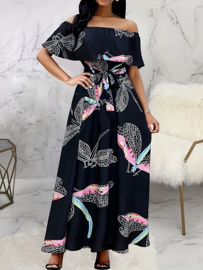 Dragonfly Print Off Shoulder Dress, Elegant Belted Ruffle Trim Dress For Spring & Summer, Women's Clothing