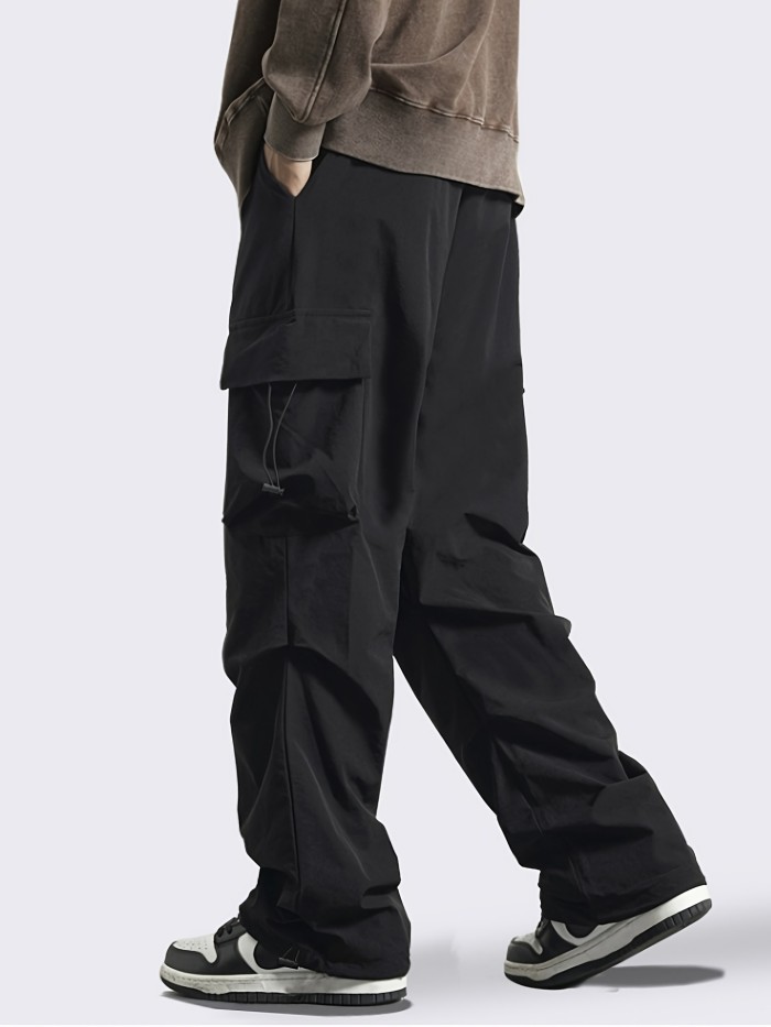 Solid Multi Flap Pockets Men's Straight Leg Cargo Pants, Loose Casual Outdoor Pants, Men's Work Pants For Hiking Fishing Angling