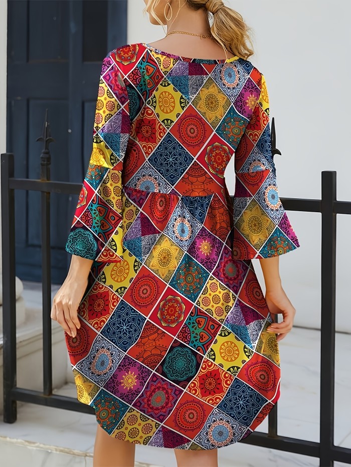 Ethnic Floral Print Crew Neck Dress, Elegant 3\u002F4 Sleeve Curved Hem Dress For Spring & Fall, Women's Clothing