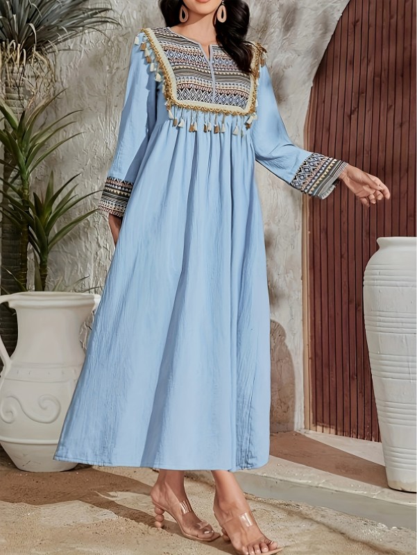 Contrast Trim Elegant Dress, Long Sleeve Dress For Spring & Fall, Women's Clothing