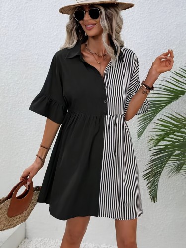 Color Block V Neck Dress, Cute Short Sleeve Dress For Spring & Summer, Women's Clothing