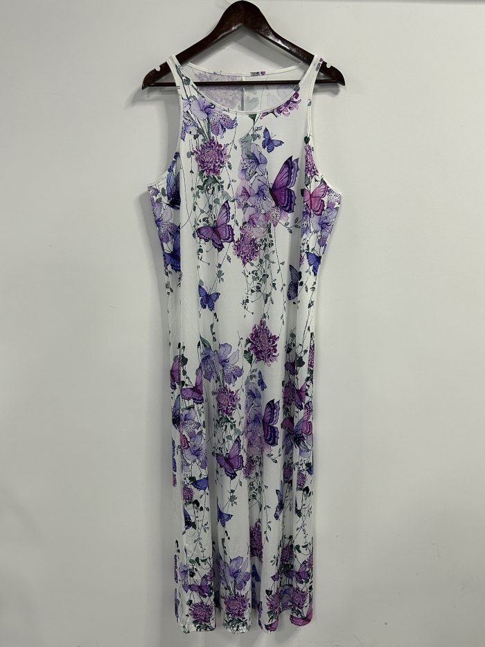 Plus Size Boho Dress, Women's Plus Butterfly & Floral Print Round Neck Maxi Tank Dress