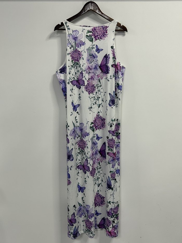 Plus Size Boho Dress, Women's Plus Butterfly & Floral Print Round Neck Maxi Tank Dress