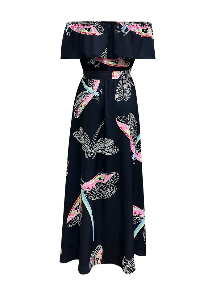 Dragonfly Print Off Shoulder Dress, Elegant Belted Ruffle Trim Dress For Spring & Summer, Women's Clothing