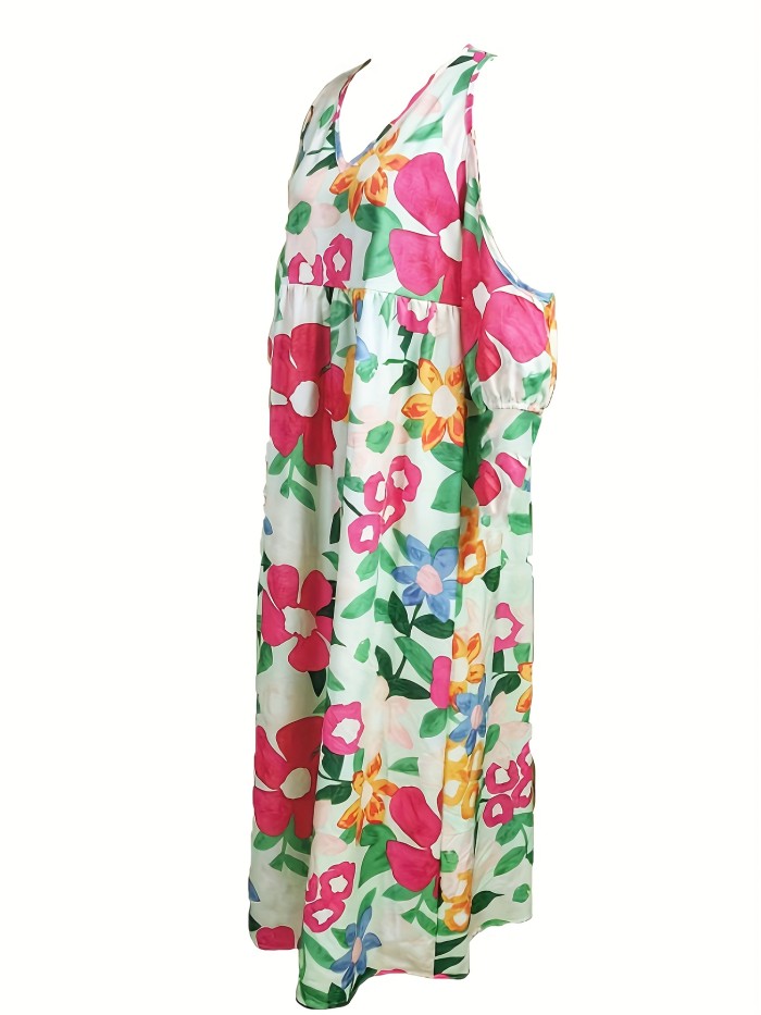 Floral Print Maxi Dress, Boho Cold Shoulder Zipper Dress, Women's Clothing