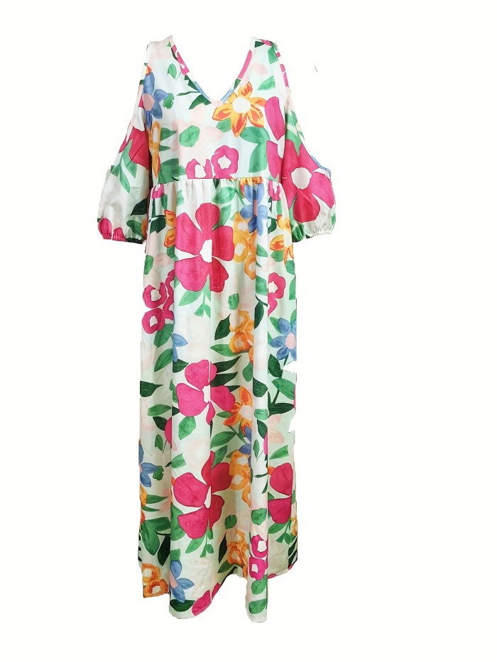 Floral Print Maxi Dress, Boho Cold Shoulder Zipper Dress, Women's Clothing