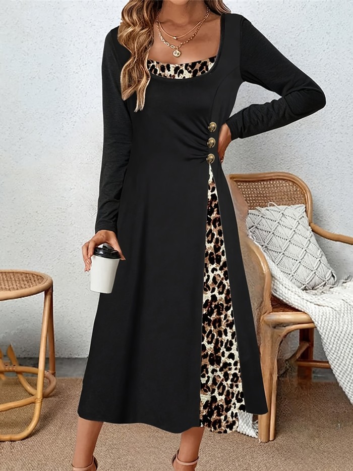 Leopard Print Button Decorate Dress, Elegant Long Sleeve Dress For Spring & Fall, Women's Clothing