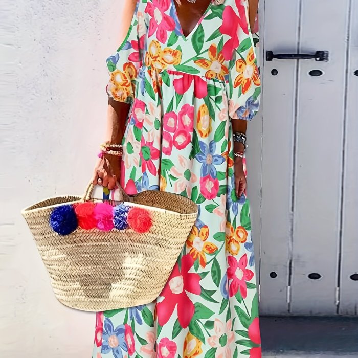 Floral Print Maxi Dress, Boho Cold Shoulder Zipper Dress, Women's Clothing