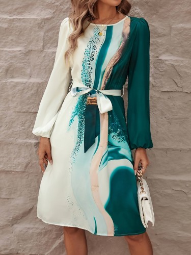 Color Block Belted Dress, Elegant Long Sleeve Dress For Spring & Fall, Women's Clothing