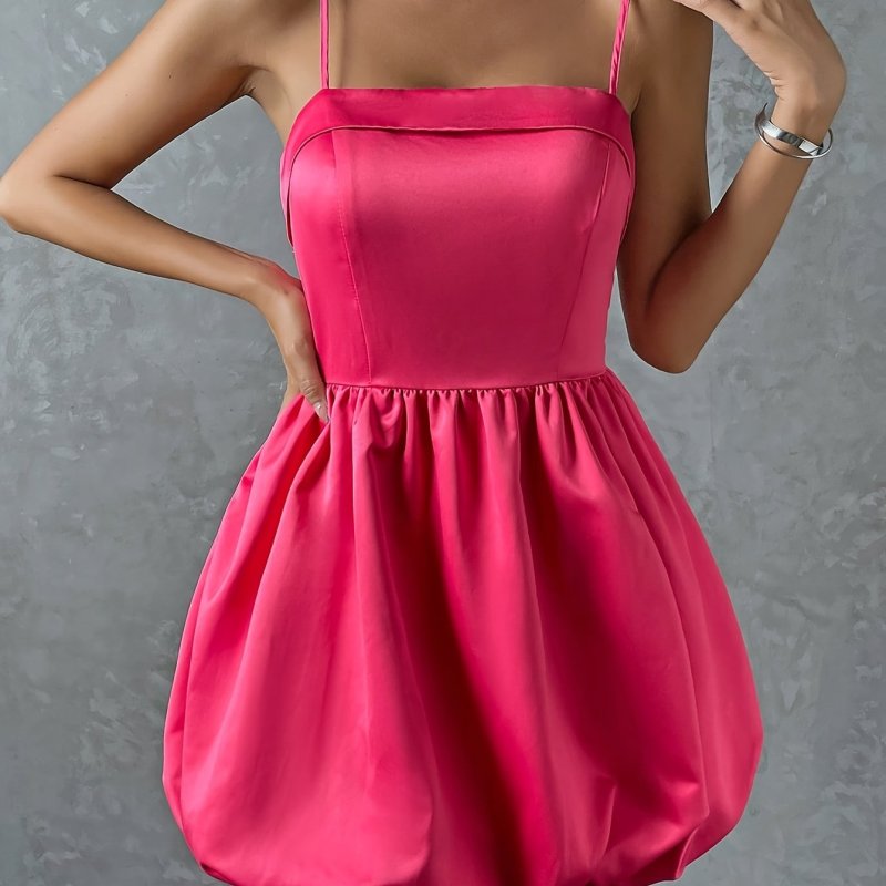 Solid Spaghetti Strap Waist Cami Mini Dress, Sleeveless Square Neck Vacation Dress, Women's Clothing