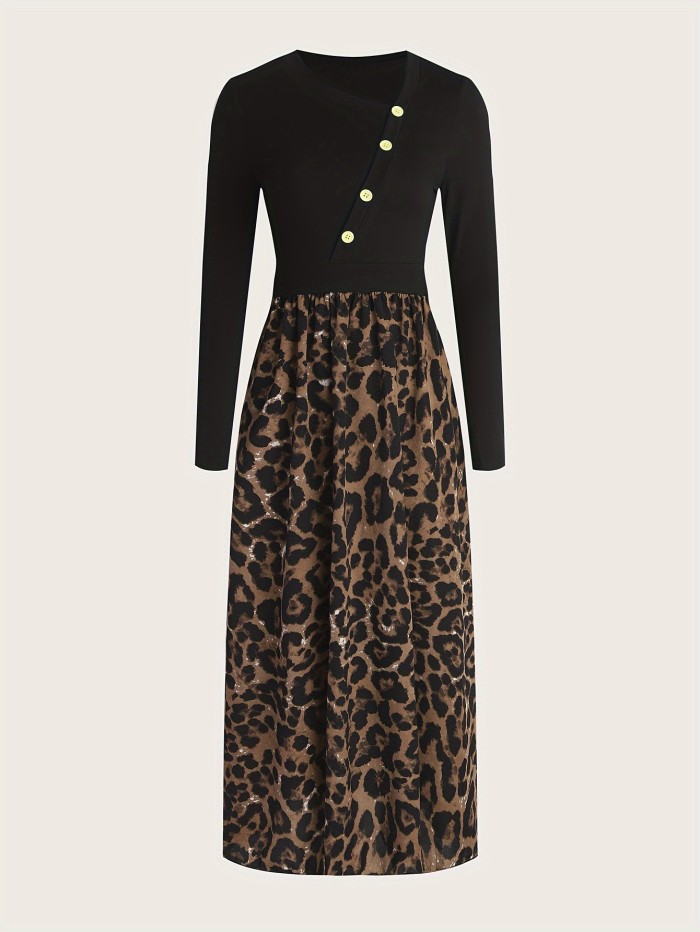 Leopard Print Irregular Neck Dress, Casual Long Sleeve Button Decor Dress For Spring & Fall, Women's Clothing