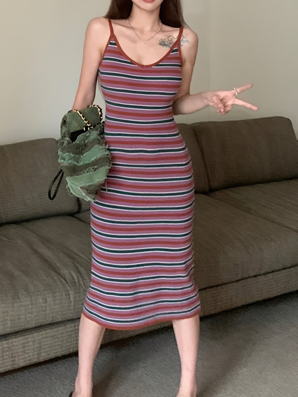 Striped Pattern Crew Neck Cami Dress, Vintage Sleeveless Slim Dress For Spring & Summer, Women's Clothing