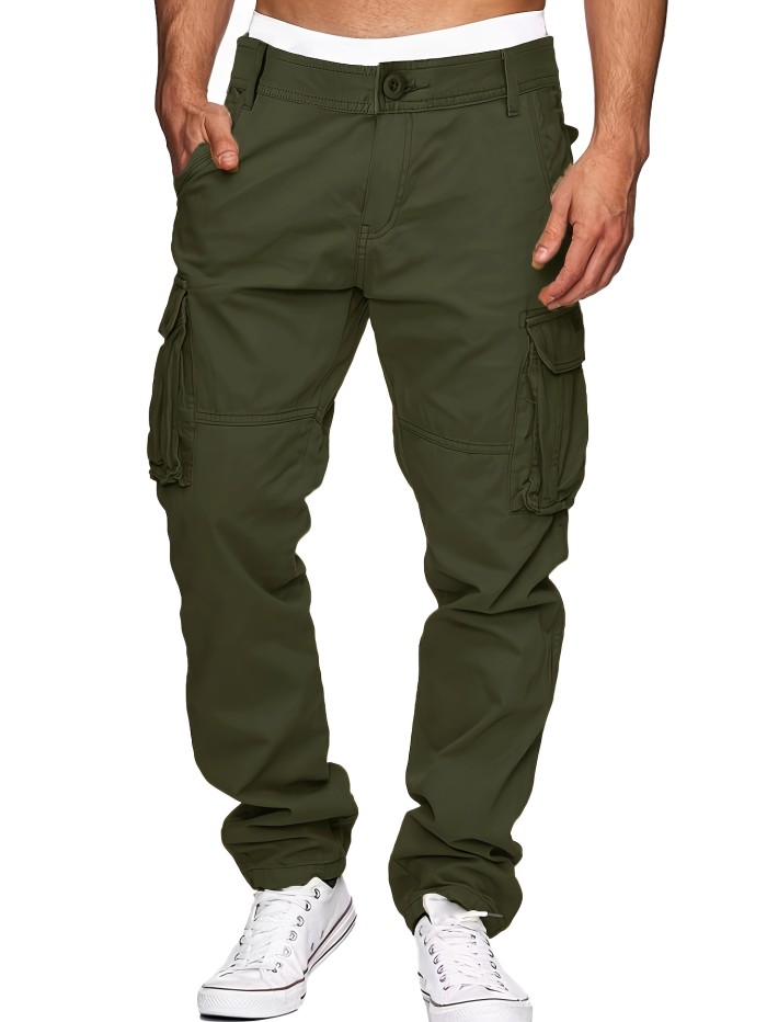 Cotton Solid Multi Flap Pockets Men's Straight Leg Cargo Pants, Loose Casual Outdoor Pants, Men's Work Pants For Hiking Fishing Angling