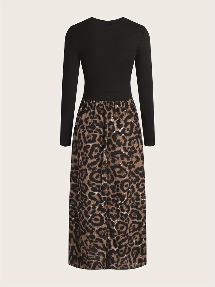 Leopard Print Irregular Neck Dress, Casual Long Sleeve Button Decor Dress For Spring & Fall, Women's Clothing