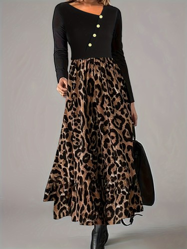 Leopard Print Irregular Neck Dress, Casual Long Sleeve Button Decor Dress For Spring & Fall, Women's Clothing