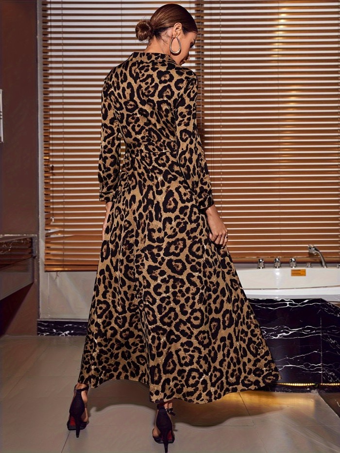 Leopard Print V Neck Dress, Elegant Long Sleeve Belted Split Dress For Spring & Fall, Women's Clothing