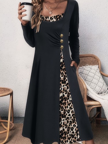 Leopard Print Button Decorate Dress, Elegant Long Sleeve Dress For Spring & Fall, Women's Clothing