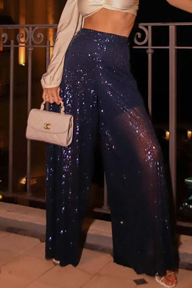 Casual Solid Sequins Loose High Waist Wide Leg Solid Color Bottoms