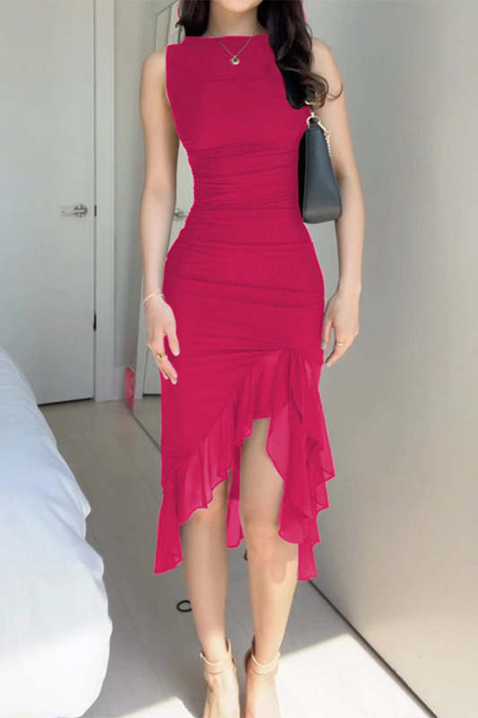 Sexy Solid Fold Asymmetrical O Neck Irregular Dress Dresses