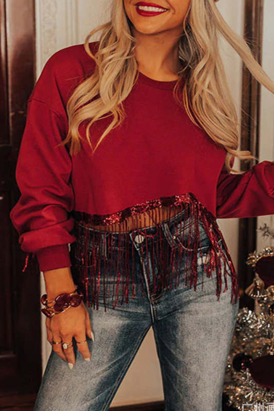 Casual Solid Tassel O Neck Tops