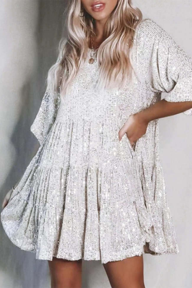 Solid Sequins O Neck Tops