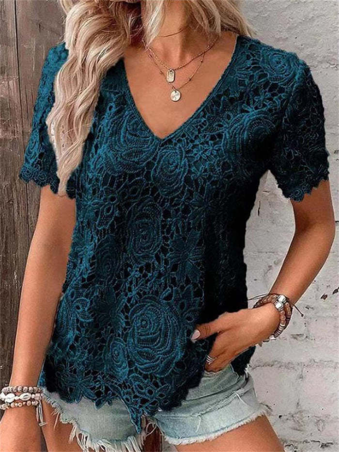 Women's Sweet Rose Lace Hollow Out V Neck Short Sleeve Tops