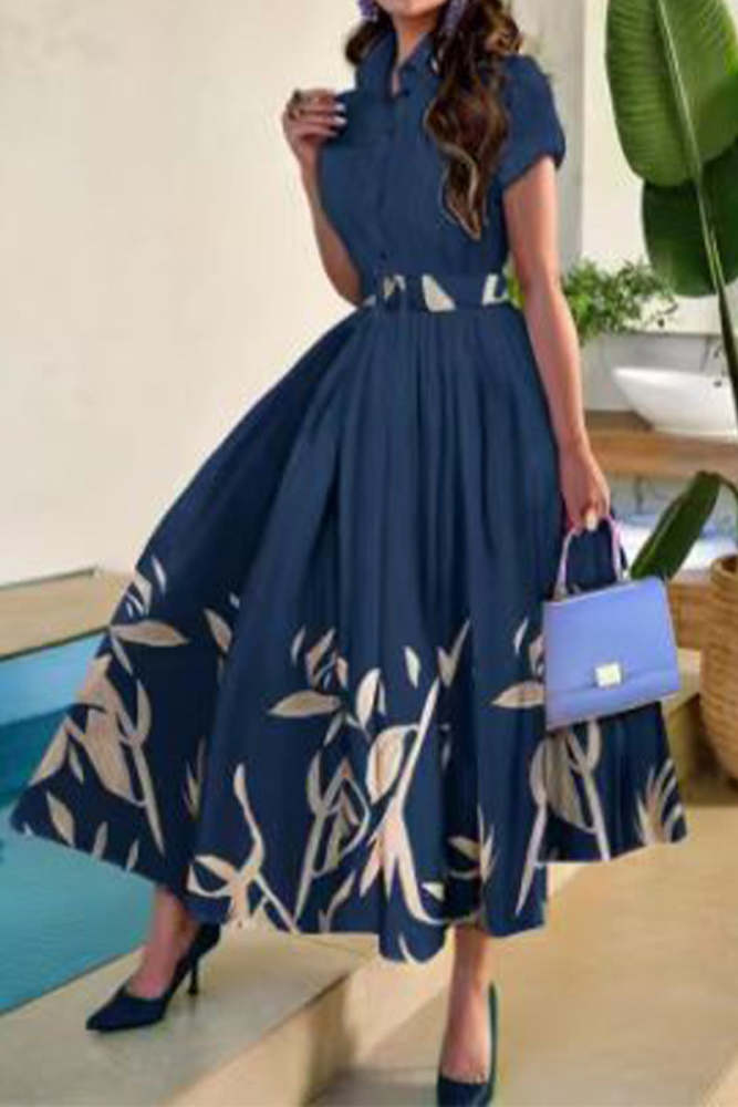 Elegant Floral With Belt Turndown Collar Printed Dress Short Sleeve Dress