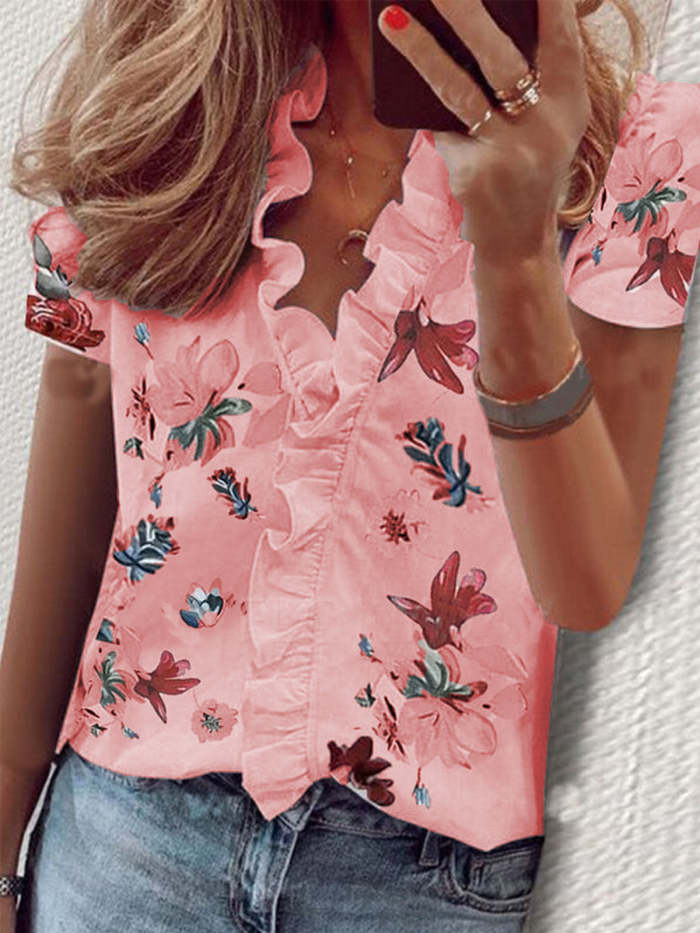 Women's Printed Ruffled Short Sleeved Shirt
