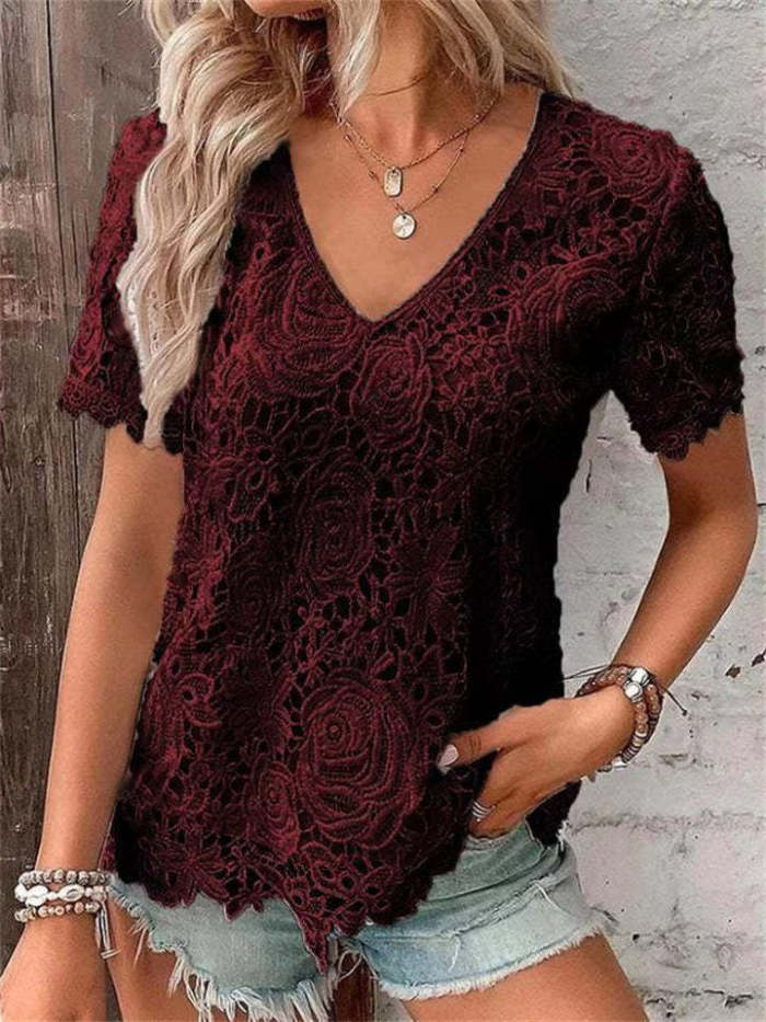 Women's Sweet Rose Lace Hollow Out V Neck Short Sleeve Tops