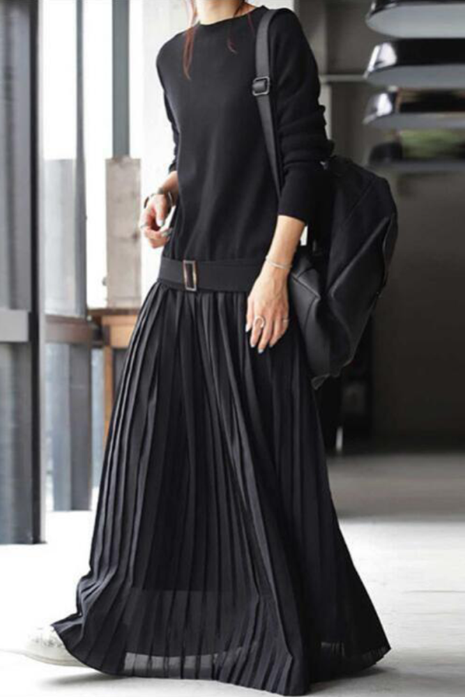 Casual Solid Patchwork Fold O Neck Long Sleeve Dresses(3 Colors)