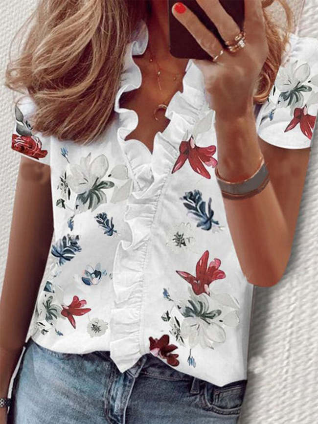 Women's Printed Ruffled Short Sleeved Shirt
