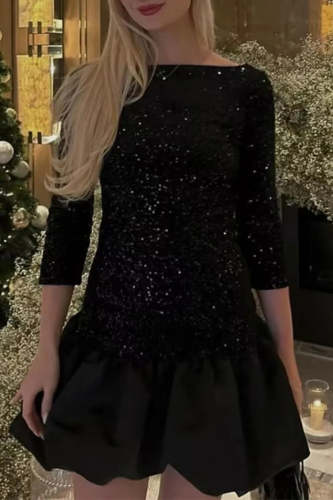 Sexy Solid Backless Sequined O Neck Trumpet Mermaid Dresses