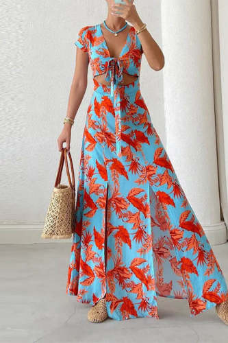 Elegant Floral Frenulum Slit V Neck Printed Dress Dresses