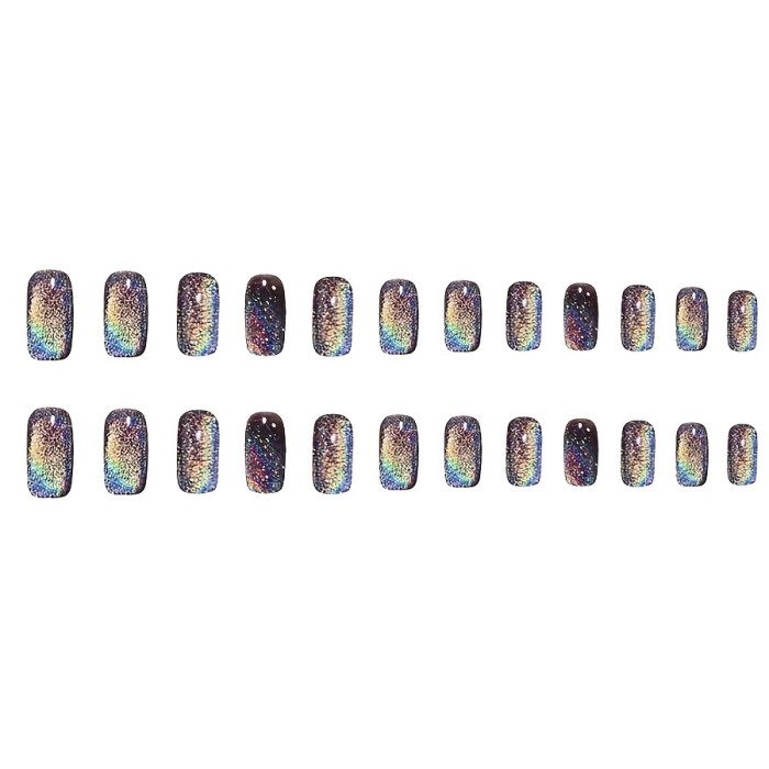 24 pcs Rainbow Cat Eye Press On Nails - Handmade Full Cover Short Fake Nails for Women - Coffin False Nails for a Bold and Eye-Catching Look