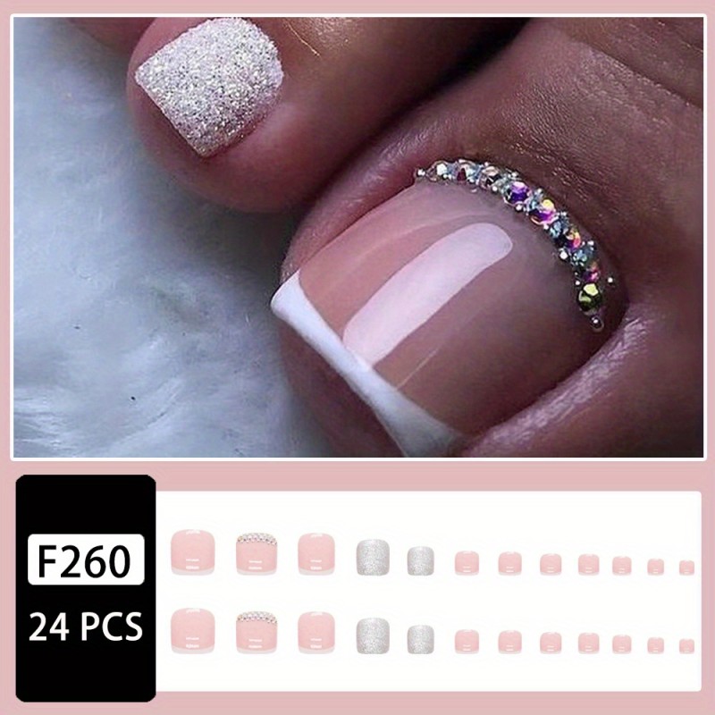 24pcs White French Tip Press On Toenails, Short Square Fake Toenails With Silver Glitter And Rhinestone Design, Glossy Full Cover False Toenails For Women And Girls
