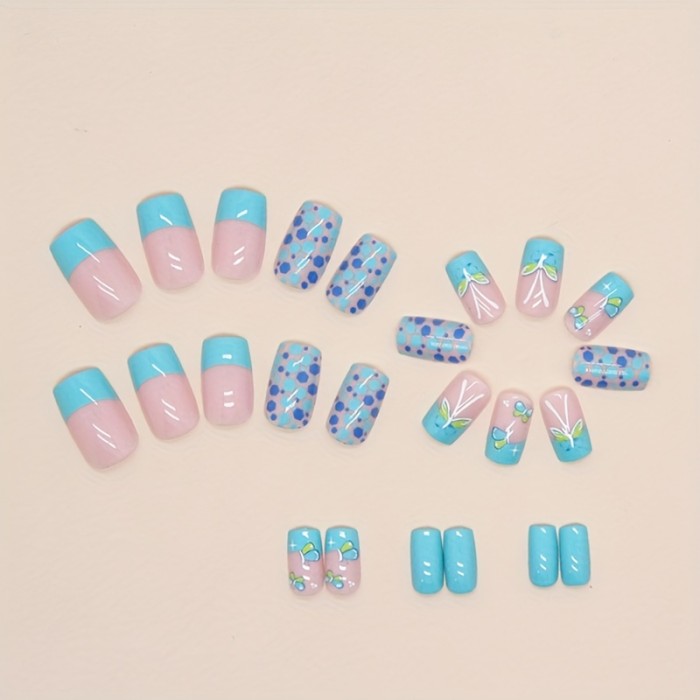 24pcs Blue Green Butterfly Press On Nails Medium, Square Shape Fake Nails With Glitter Sequin Design, Glossy Full Cover Daily False Nails For Women And Girls
